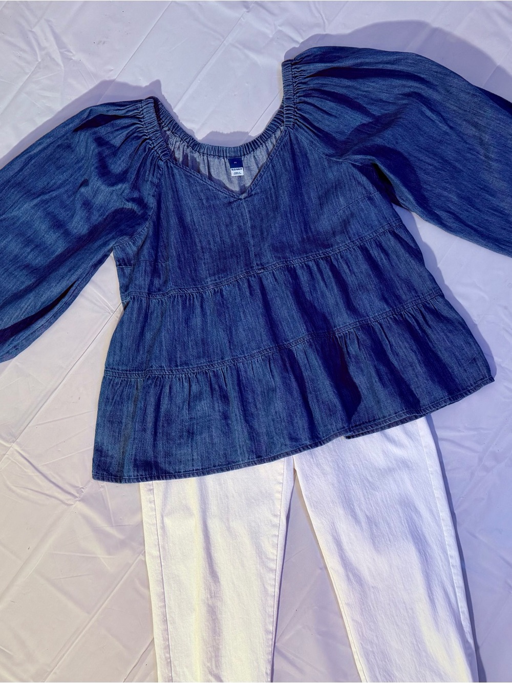 Old Navy Blue Tiered Denim Peasant Blouse